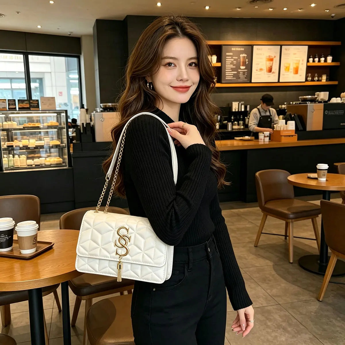 Fashionable Small Fragrant Style Argyle Quilted Small Square Bag Metal Letter Tassel Diagonal Cross Bag Commuter Shoulder Bag